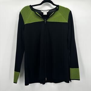 Misook Cardigan Sweater Womens Small Black Green Full Zip Jacket Slinky‎ Knit